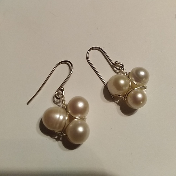 Genuine Pearl wire wrap earrings Sterling Silver - Picture 2 of 2